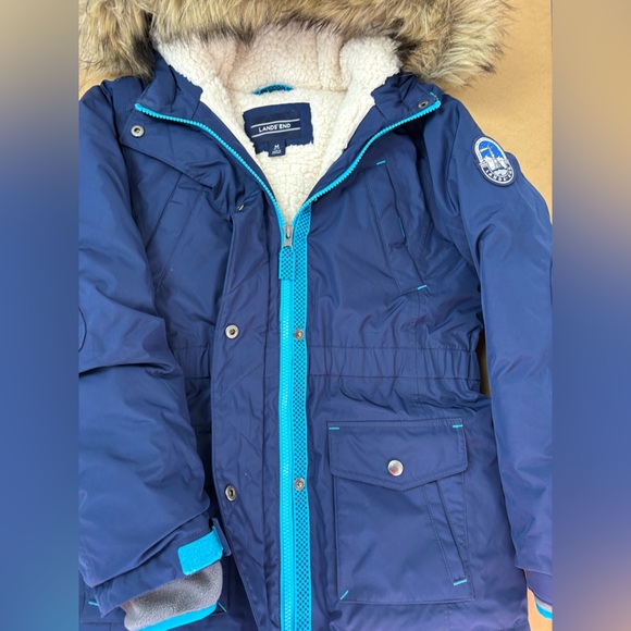Lands' End Dark Blue Expedition Parka with Faux Fur Trim Sherpa Lining - Picture 4 of 9
